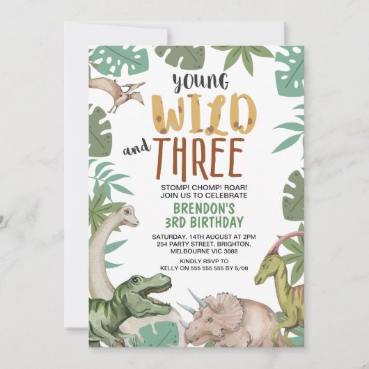 Dinosaur Brown Green Young Wild Three 3rd Birthday Einladung (Vorderseite)