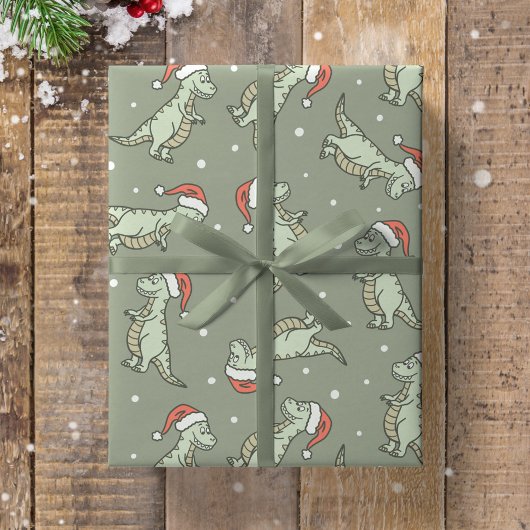 Dinosaur Christmas Boy Santa Claus Dino T-Rex Sage Geschenkpapier