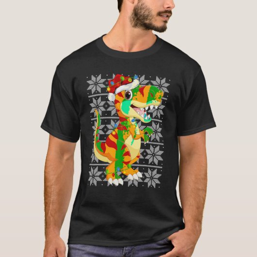 Dinosaur Christmas Lights Rentier Weihnachtsmannmü T-Shirt (Vorderseite)