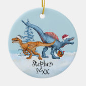 Dinosaur Christmas Raptor Aquarellname Keramik Ornament (Vorne)