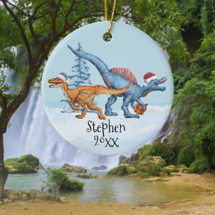 Dinosaur Christmas Raptor Aquarellname Keramik Ornament