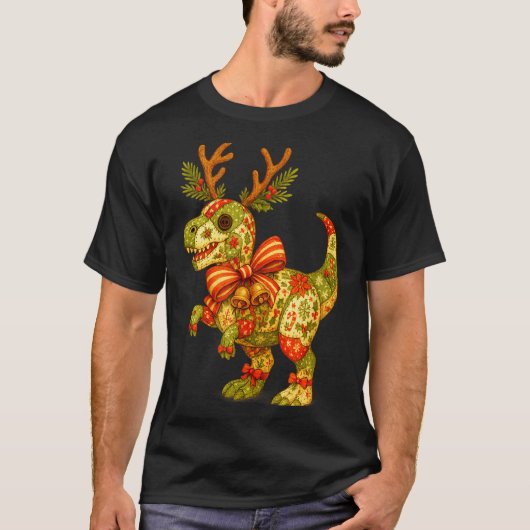 Dinosaur Christmas Season Patchwork T-rex Squad Fa T-Shirt (Vorderseite)