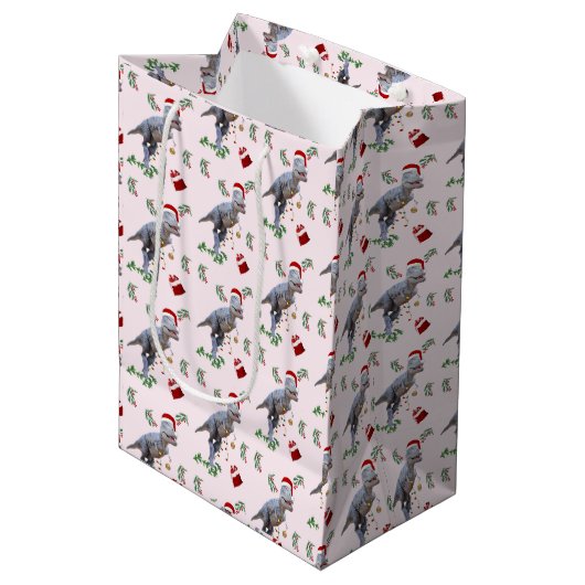Dinosaur Christmas Wrapping Paper Roll Mittlere Geschenktüte (Vorderseite Schrägansicht)