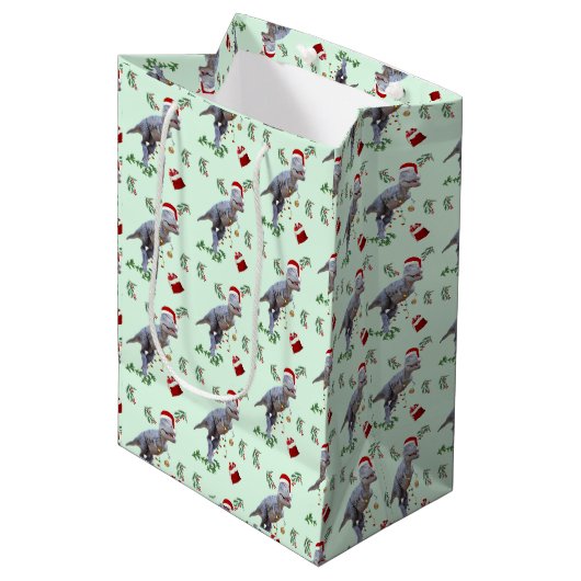 Dinosaur Christmas Wrapping Paper Roll Mittlere Geschenktüte (Vorderseite Schrägansicht)