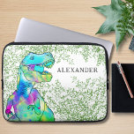 Dinosaur Colorful T-Rex-Name Laptopschutzhülle<br><div class="desc">Ein lustiger, rauschender T Rex ein beängstigend psychedelischer, farbiger Dinosaurier mit Jurassic Dschungelfoliage Hintergrund. Die perfekte personalisierte Jungs Laptop Gehäuse für den Schuljungen, der Dinos Lieben. Dieses lustige prähistorische Dinosaurier-Design mit einfach zu bedienender Vorlage, sodass Sie ein individuelles Laptop-Gehäuse erstellen können. Fun tyrannosaurus rex Aquarellbild wurde handgemalt in aquamarin blau...</div>