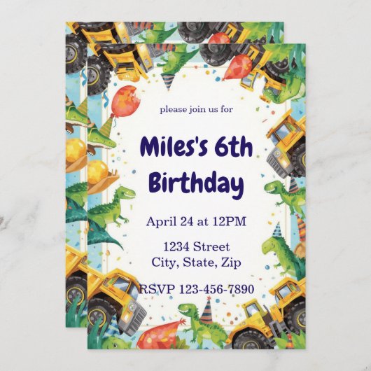 Dinosaur Construction Truck Birthday Invitatio Einladung (Vorne/Hinten)