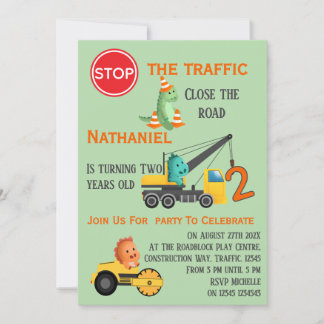 Dinosaur Construction Vehicle 2nd Birthday Party Einladung