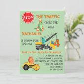 Dinosaur Construction Vehicle 4th Birthday Party Einladung (Stehend Vorderseite)