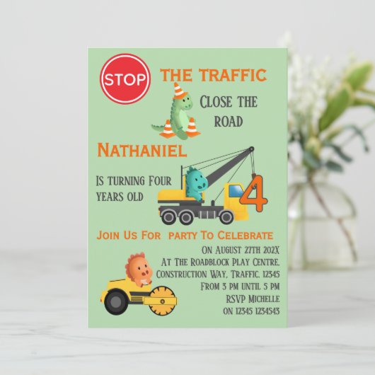 Dinosaur Construction Vehicle 4th Birthday Party Einladung (Stehend Vorderseite)