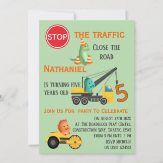 Dinosaur Construction Vehicle 5th Birthday Party Einladung