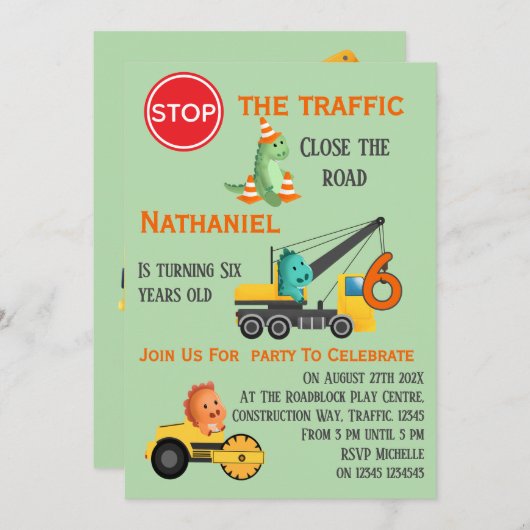Dinosaur Construction Vehicle 6th Birthday Party Einladung (Vorne/Hinten)