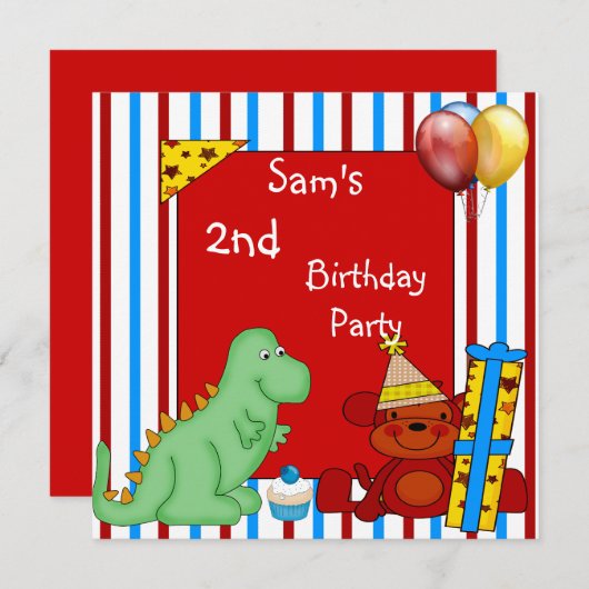 Dinosaur Cupcake Balloon Strip Birthday Red Einladung (Vorne/Hinten)