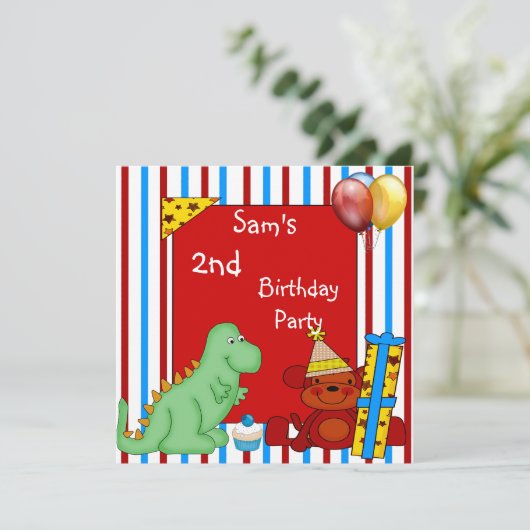 Dinosaur Cupcake Balloon Strip Birthday Red Einladung (Stehend Vorderseite)