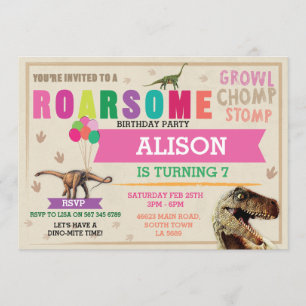Dinosaur Dig Geburtstagsparty T-Rex Dino Pink Einl Einladung