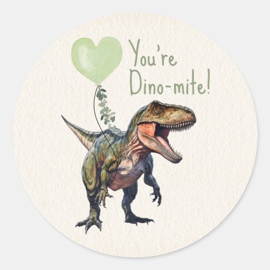 Dinosaur Dino-mite Green Classroom Valentine Runder Aufkleber (Vorderseite)