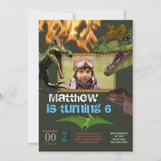 Dinosaur DIY Foto Jungs Theme Party Flammen Einladung (Vorderseite)