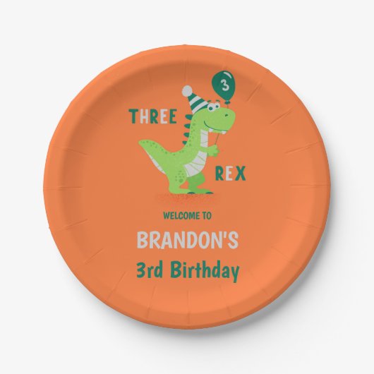 Dinosaur Drei Rex 3. Geburtstag Pappteller (Vorderseite)