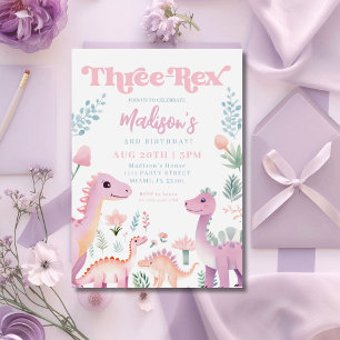 Dinosaur Drei Rex Mädchen Pink 3. Geburtstagsfeier Einladung