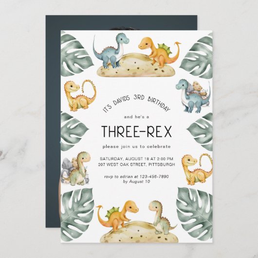 Dinosaur Dritter Geburtstag Drei-Rex-Party-Foto Einladung (Vorne/Hinten)