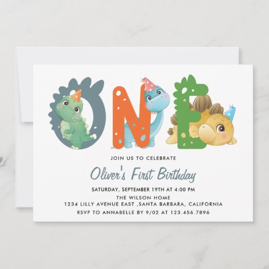Dinosaur Einladung zum ersten Geburtstag (Vorderseite)