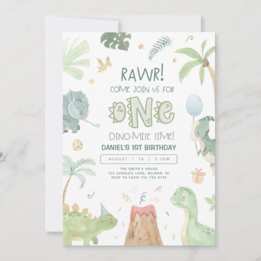 Dinosaur Einladung zum ersten Geburtstag (Vorderseite)
