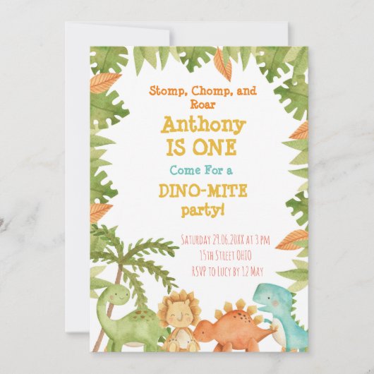 Dinosaur Erster Geburtstag Einladung Dinosaur Part (Vorderseite)