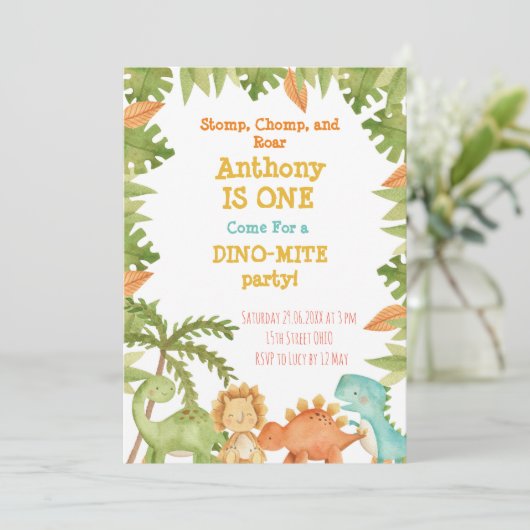 Dinosaur Erster Geburtstag Einladung Dinosaur Part (Stehend Vorderseite)
