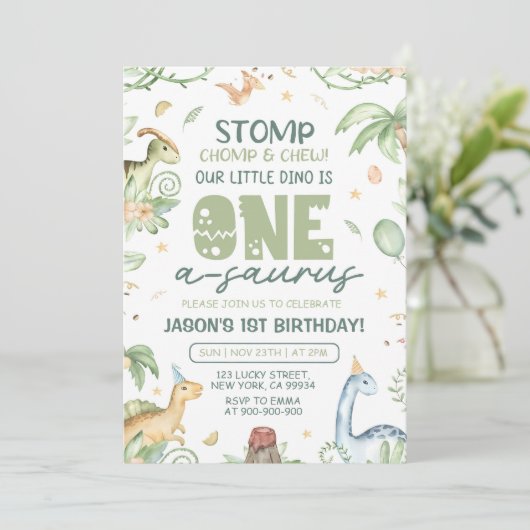 Dinosaur Erster Geburtstag Einladung EDITABLE One- (Stehend Vorderseite)