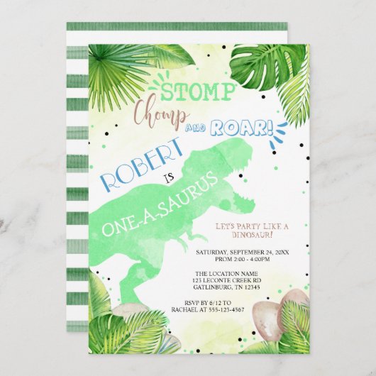 Dinosaur Erster Geburtstag Einladungsboy Einladung (Vorne/Hinten)