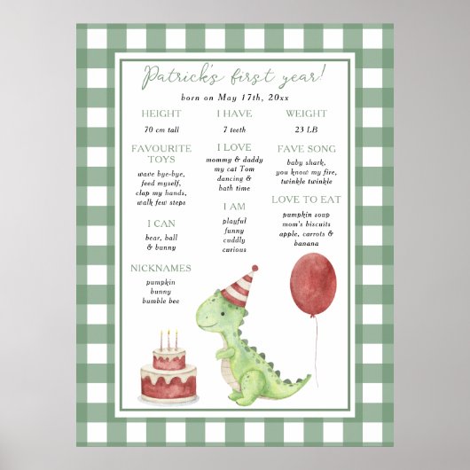 Dinosaur Erster Geburtstag Milestone Geburtstag Poster (Vorne)