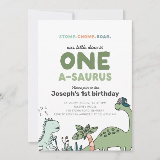 Dinosaur Erster Geburtstag Party Einladung (Vorderseite)