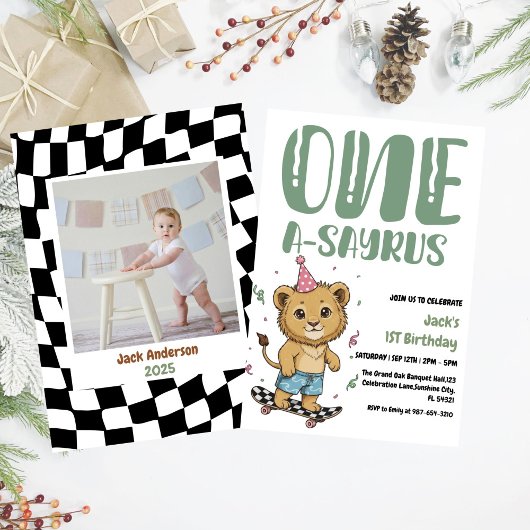 Dinosaur Erster Geburtstag, Skateboard Dinos 1. Einladung