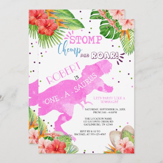 Dinosaur Erstgeburtstag Einladung Mädchen (Vorne/Hinten)
