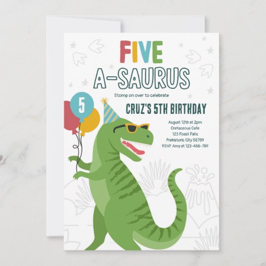 Dinosaur Five A-Saurus 5. Geburtstagsparty T-Rex Einladung (Vorderseite)
