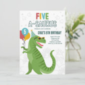 Dinosaur Five A-Saurus 5. Geburtstagsparty T-Rex Einladung (Stehend Vorderseite)