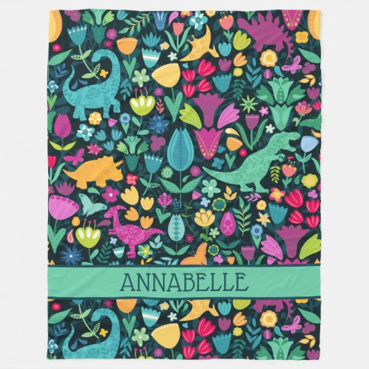 Dinosaur Floral Folk Silhouetten Schöne Girls Fleecedecke (Vorderseite)