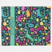 Dinosaur Floral Folk Silhouetten Schöne Girls Fleecedecke (Vorderseite (Horizontal))
