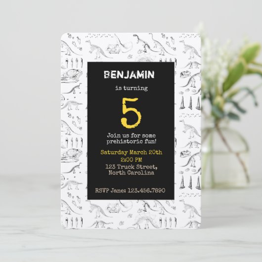 Dinosaur Fossils Muster Kindergeburtstag Einladung (Stehend Vorderseite)