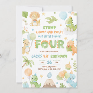 Dinosaur Four Boy 4. Geburtstags-Party Einladung