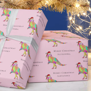 Dinosaur Frohe Weihnachten Personalisierter Mädche Geschenkpapier