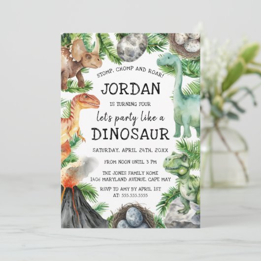 Dinosaur Fun Geburtstagsparty Einladung (Stehend Vorderseite)