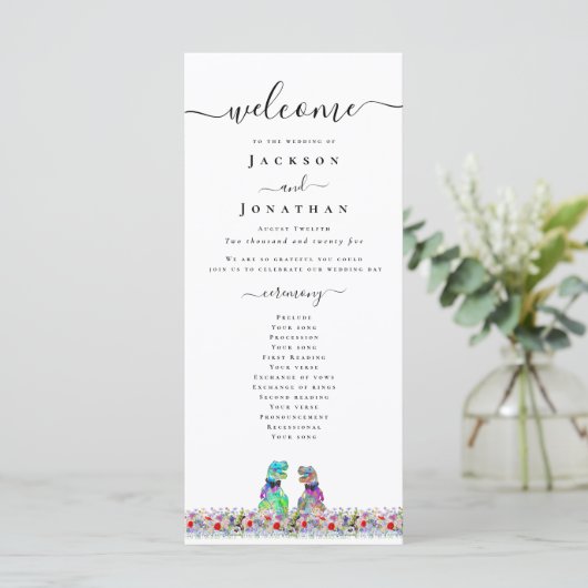 Dinosaur Gay Wedding Ceremony Program Menükarte (Stehend Vorderseite)