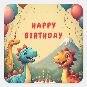 🎉 Dinosaur Geburtstagsfeier mit Kuchen und Luftba Quadratischer Aufkleber