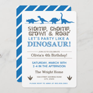 Dinosaur Geburtstagsparty Blue Stomp Chomp Rom Einladung