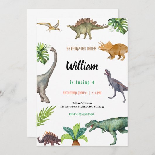 Dinosaur Geburtstagsparty Einladung (Vorne/Hinten)