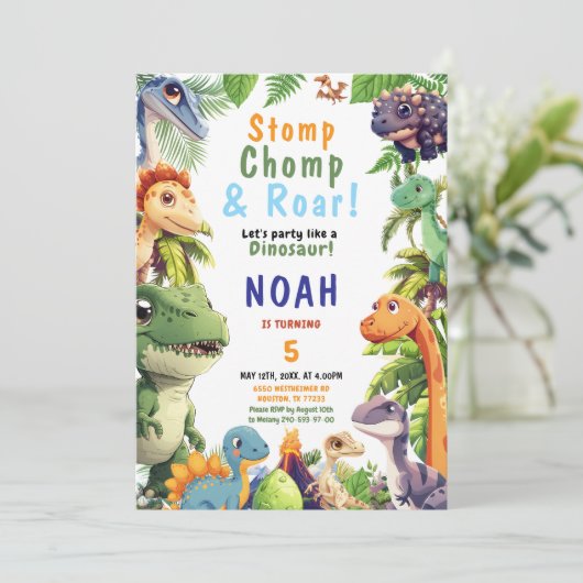 Dinosaur Geburtstagsparty Einladung (Stehend Vorderseite)