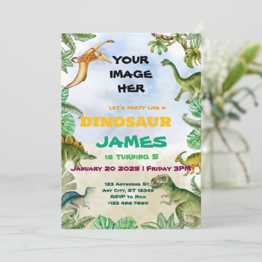 Dinosaur Geburtstagsparty individuelle Einladung (Stehend Vorderseite)