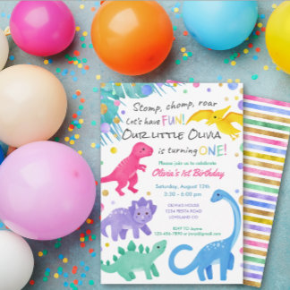 Dinosaur Girl 1. Geburtstag Einladung farbig