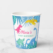 Dinosaur Girl 1. Geburtstag farbenfroh Pappbecher (Vorderseite)