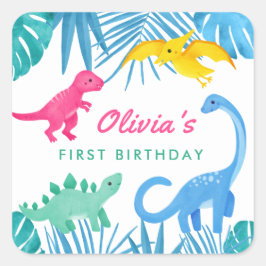 Dinosaur Girl 1. Geburtstag farbenfroh Quadratischer Aufkleber